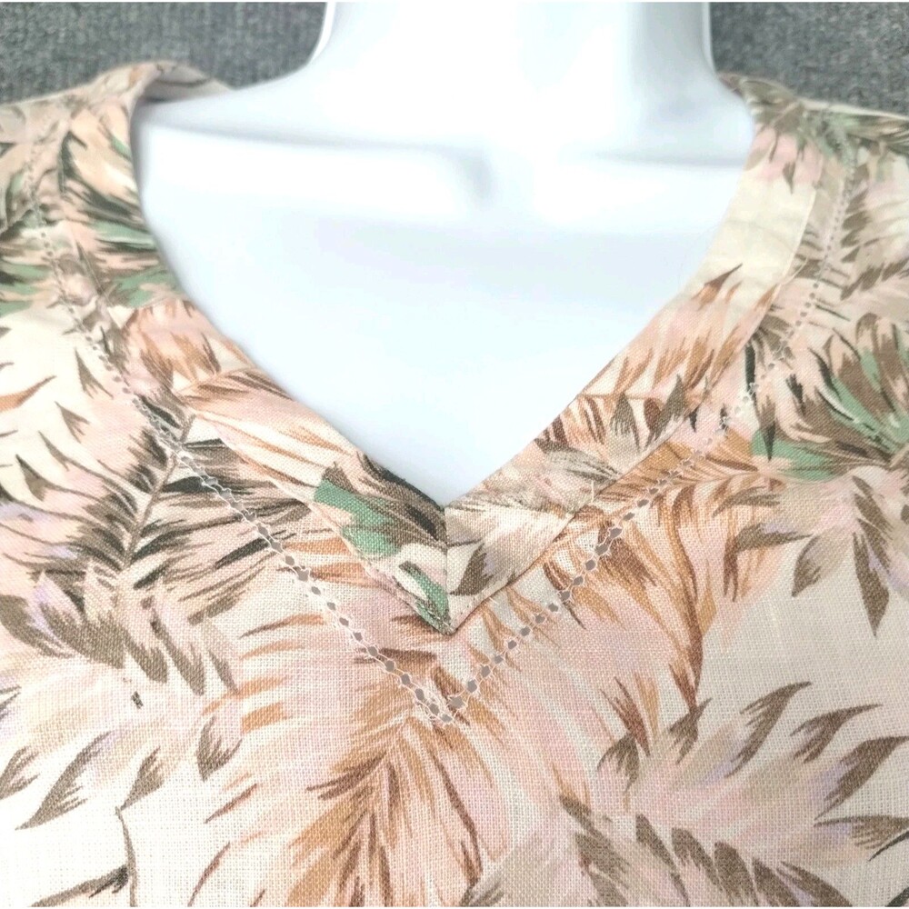 Linen Pink Tan Tropical Top Sz XS Palm Trees V Neck Flounce Sleeves Resort Coast - Picture 2 of 11